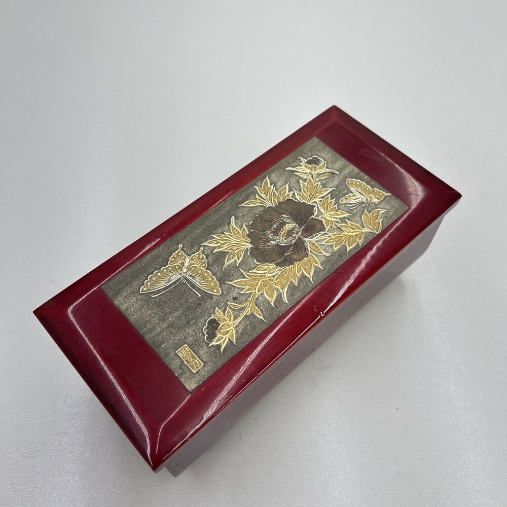 Vintage Westland Co.  Red Lacquer Music/Jewelry Box Butterflies & Flowers